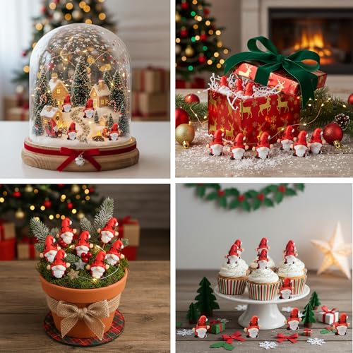 Mini Christmas Gnome Figurines with Deer - 60 Pcs Holiday Village Decorations