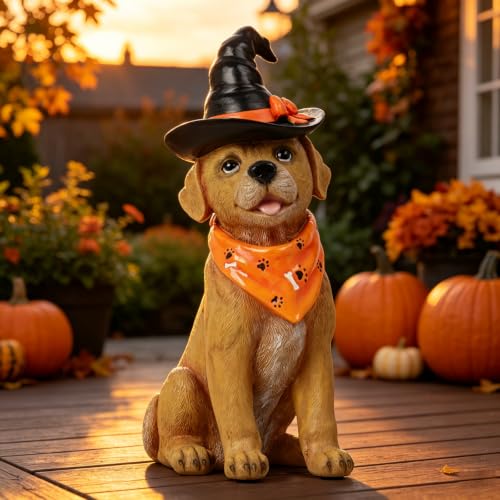 Indoor Halloween Dog Statue with Witch Hat - Ghostly Puppy Figurine for Holiday Decor - 5x7x13 Inches - Spooky Gift