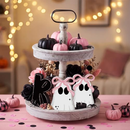 Halloween Ghost Table Decorations - BOO with Pink Bow Wooden Signs, Indoor Tiered Tray Decor