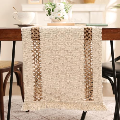 Boho Cotton Linen Table Runner 12 x 132 Inches - Beige & Brown Farmhouse Decor