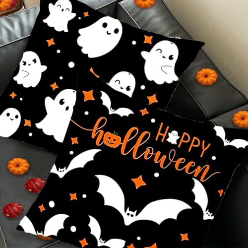 Halloween Pillow Covers 18x18 Set of 2 - Black & White Ghost Decor, Double-Sided HD Print