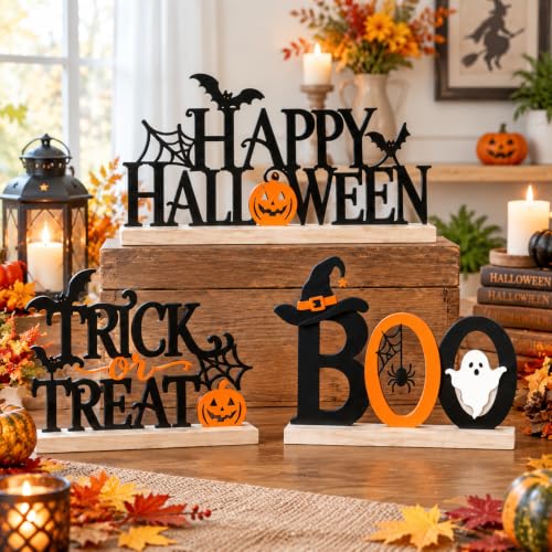 Halloween Metal Sign Set - Happy Halloween Boo Trick or Treat with Wooden Bases - 3 Pieces - Halloween Variation