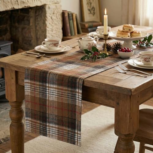 13 x 120 Inch Coffee Brown Farmhouse Plaid Table Runner - Rustic Fall Holiday Decor