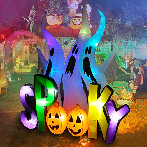 Inflatable White Ghost Family Halloween Decoration with Spooky Sign - Indoor Outdoor LED Blowup Lighted Decor