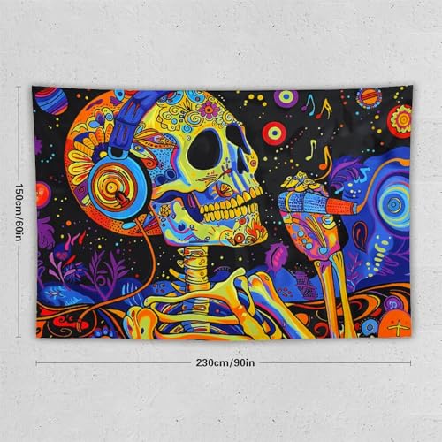 Blacklight Skull Tapestry - Space Skull Music Notes Fluorescent Wall Hanging - 90x60 Inch - Skeleton Variation 11