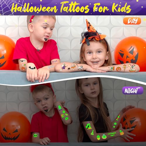 Halloween Luminous Temporary Tattoos for Kids - 12 Sheets, Safe & Waterproof