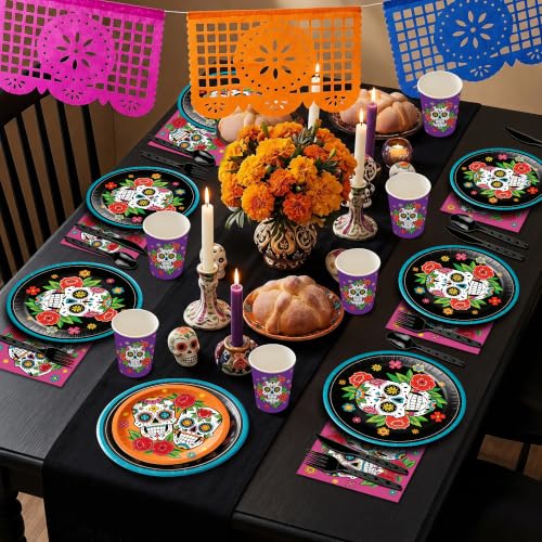 Day of the Dead Party Plates Napkins Set - Colorful Skeleton & Marigold Design - 168pcs - Variation of THIS listing