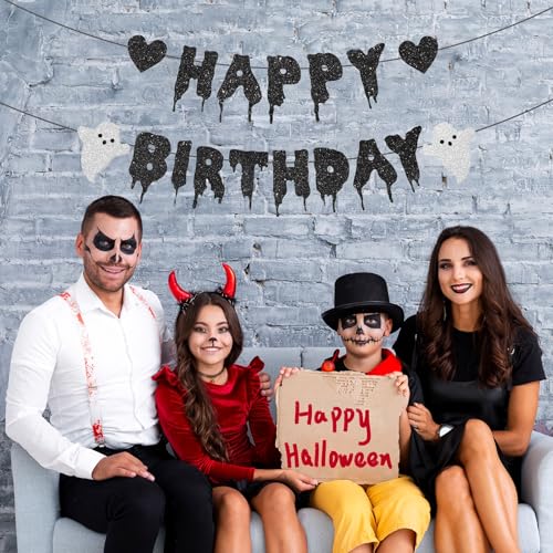 Halloween Birthday Banner Black Glitter Wall Decorations for Party