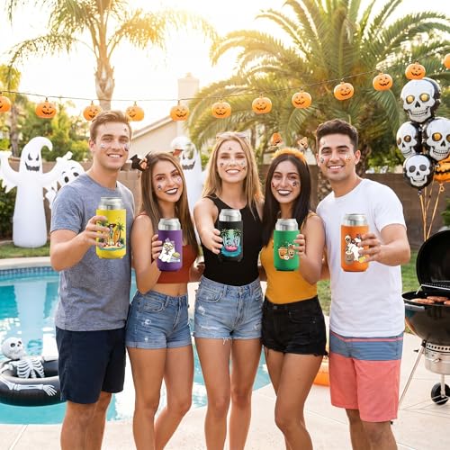 Halloween Can Cooler Sleeves Set - 12 Reusable Insulated Drink Wraps for 12 oz Cans