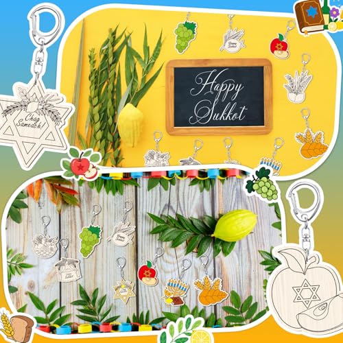 Wooden Sukkot Craft Keychains Set - 24 Pcs, 12 Styles for Holiday DIY