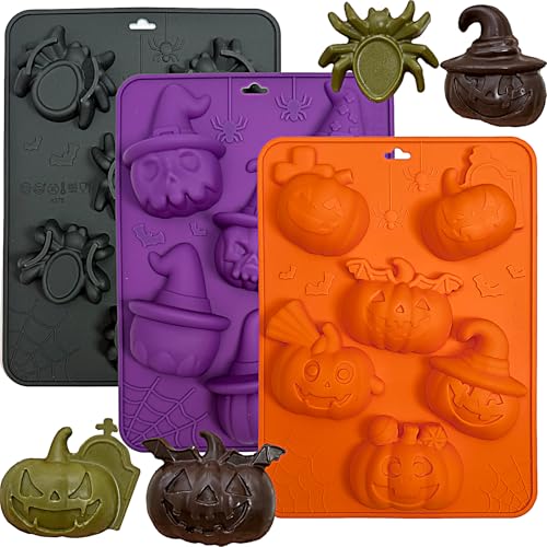 Halloween Silicone Molds 3-Pack for Candy, Chocolate, Jelly & More – Pumpkin, Skull & Spider Designs