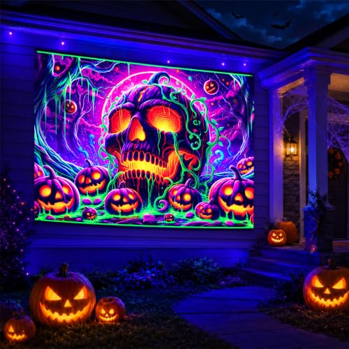 Halloween Black Light Tapestry UV Reactive Wall Decor - Skull C Variation 90x70"