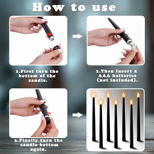24Pcs Battery Operated Halloween Flameless Taper Candles - Safe Black Decor