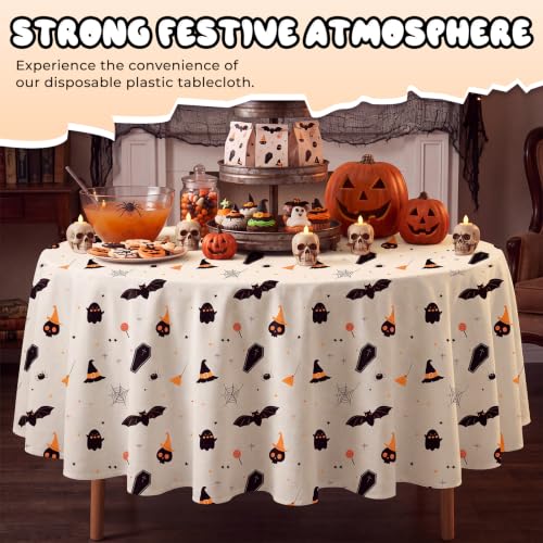 Halloween Tablecloth 6 Pack 84 Inch Round Plastic Bat Ghost Table Covers - Pumpkin Beige Variation