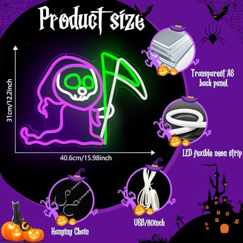 Halloween Grim Reaper Neon Sign with Swinging Scythe - Ghost LED Wall Decor