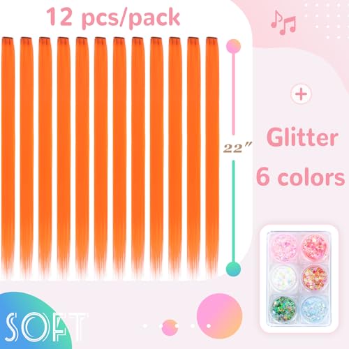 Colored Hair Extensions 22 Inch Straight Clip-In Body Face Hair Glitter Rainbow Orange Variation