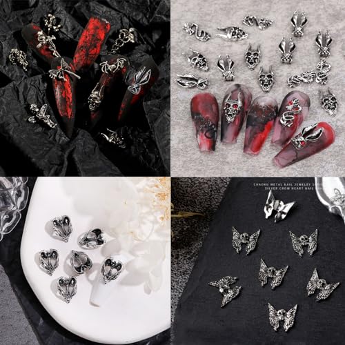 Gothic Nail Charms Set - 130 Pieces Y2K Punk Emo Silver & Black Nail Art Accessories