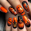 Halloween Press On Nails Coffin Short Fake Nails with Pumpkin Bat Skeleton Flower Designs - Variation 9