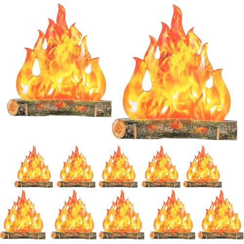 Fake Fire Cardboard Campfire Set - 11.8 Inch & 15.8 Inch, Gold Orange, Reusable Decor