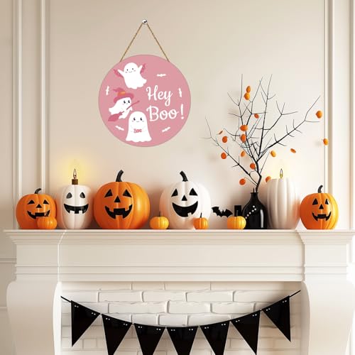 Pink Halloween Door Wreath with Ghost and Bat Decorations, Festive Wall Decor