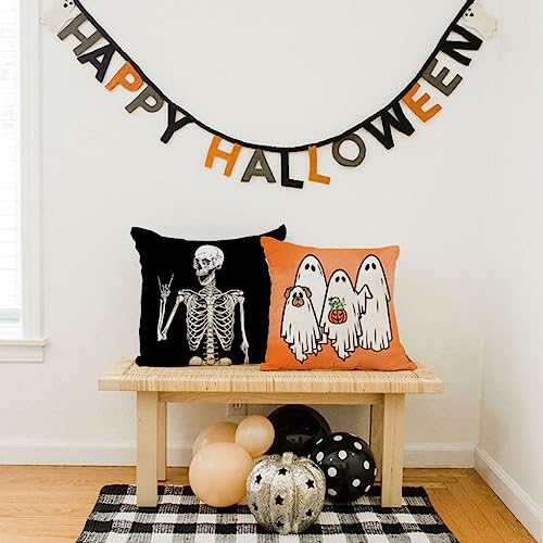 Halloween Throw Pillow Covers Set of 4 - 16x16 Orange Fall Decor with Skeleton Cat Ghost Pumpkin