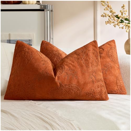 Pumpkin Embroidered Fall Pillow Covers 12x20 Inch Orange Chenille Pack of 2