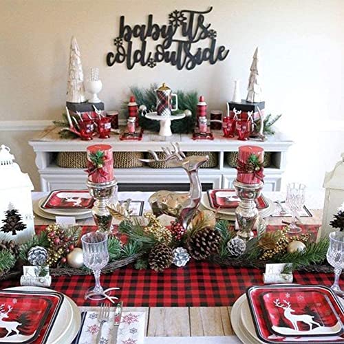 Black Red Plaid Table Runner 13x108 Inch 4-Pack - Christmas Cotton Decor