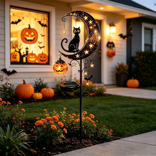 Solar Halloween Garden Stake Light with Black Cat and Pumpkin Lantern