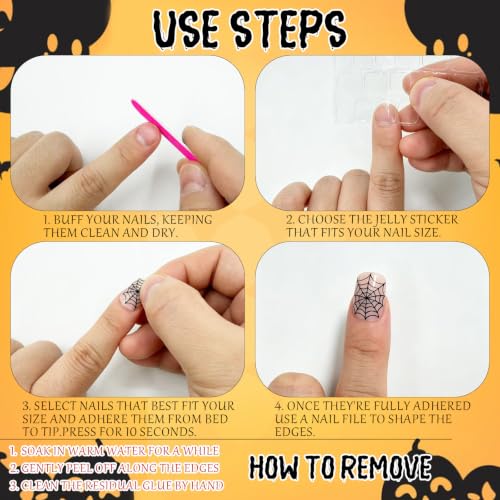 Halloween Short Square Press On Nails Set - Cute Black Fake Nails with Ghosts & Spider Webs, 24Pcs