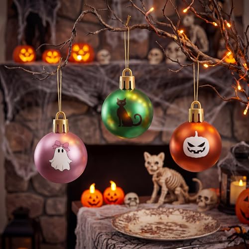Halloween Ball Ornaments Set - 15 Pcs 2.36 Inch Dark Green Pink Orange Decorations