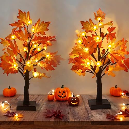 Artificial Fall Maple Tree with LED Lights - Harvest Autumn Decor for Indoor Table Fireplace