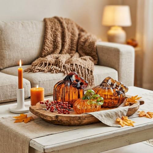 Brown Glass Pumpkin Fall Decor Set - 3 Handblown Autumn Pumpkins, Halloween & Thanksgiving Centerpiece