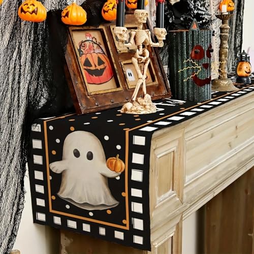 Halloween Ghost Table Runner Black Pumpkin Chessboard Pattern 13x72 Style 04