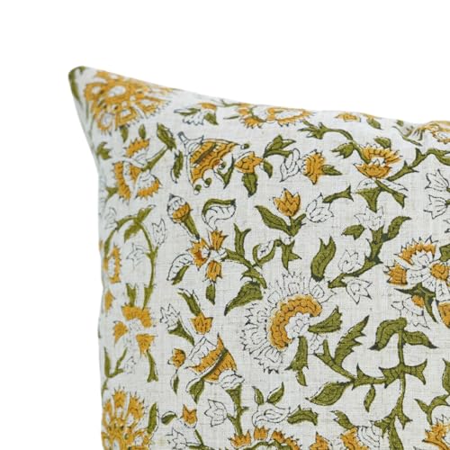 20x12 Inch Handmade Block Print Viscose Linen Throw Pillow Cover Yellow