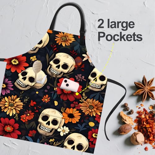 Funny Cat Apron for Women & Men with Pockets - Sunflower & Skull Variation
