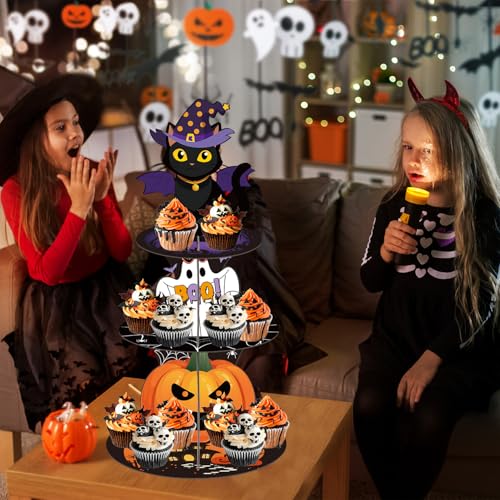 Halloween 3-Tier Pumpkin Ghost Black Cat Cupcake Stand - Party Decorations