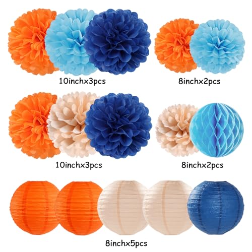 Navy Blue Orange Champagne Party Decorations Kit - Tissue Pom Poms Lanterns Honeycomb - Pink Variation