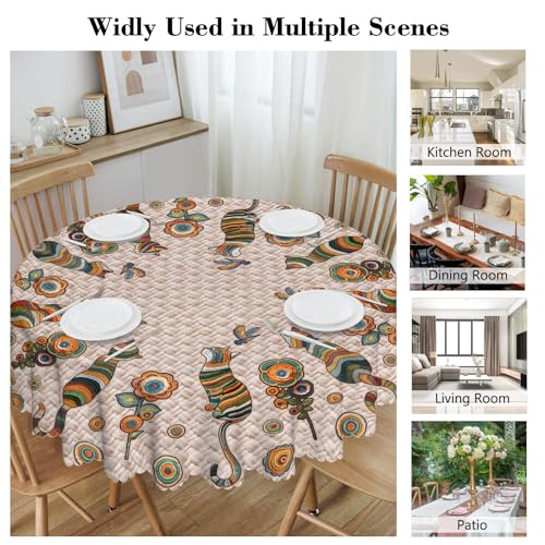 Vintage Cat Round Tablecloth 60 Inch Waterproof & Stain-Resistant