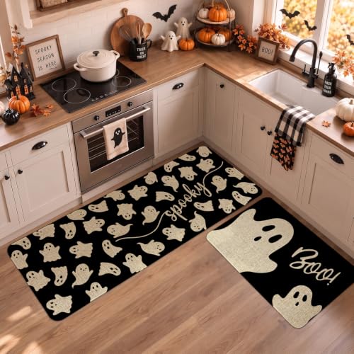 Halloween Kitchen Mat Set of 2 - Ghost Boo Black Halloween Rugs with Variation