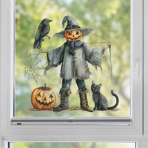 Halloween Wall Stickers Set - Pumpkin, Scarecrow, Black Cat & Spider Decals for Festive Decor