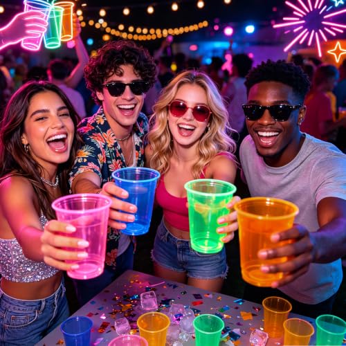 Glow in The Dark Plastic Cups 12oz - Colorful Neon Disposable Party Cups