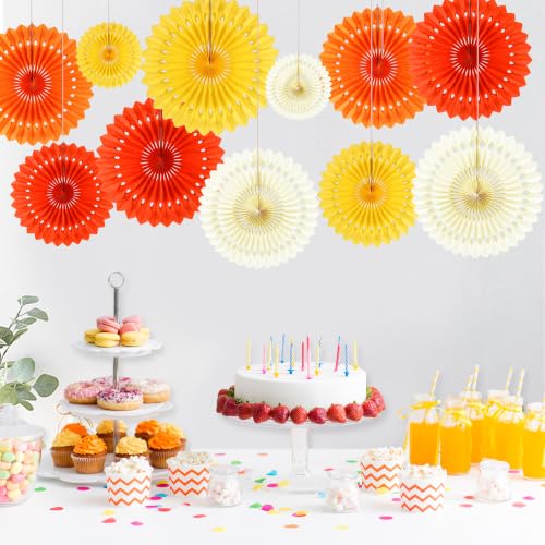 Orange & Yellow Paper Fans Fall Party Decorations - 12PCS Tissue Paper Fans for Girl Birthday Baby Shower Wedding Halloween Thanksgiving Autumn Room Wall Hanging
