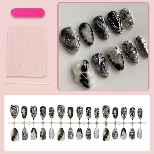 Aoustratum Halloween Goth Short Almond Press On Nails with Silver Star Rhinestones - Style04