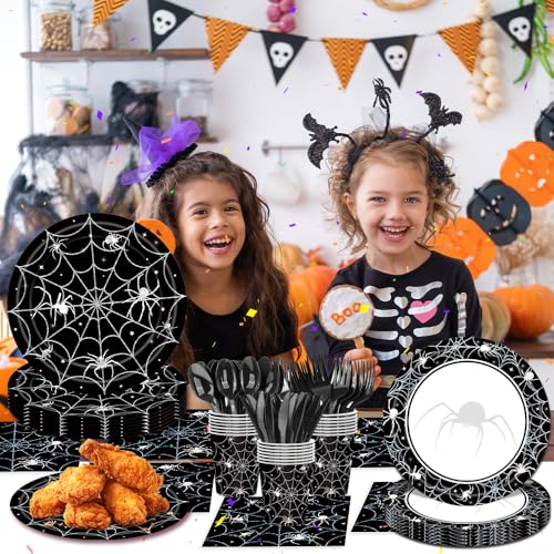 Halloween Party Supplies Set for 20 Guests | Spider Web Plates, Napkins, Cups & Utensils