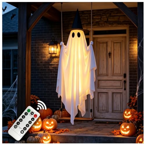 Outdoor 5FT Hanging Ghost Decor with Remote Lights, Waterproof & Stable