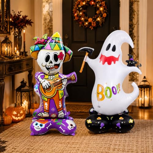 Halloween Standing Ghost and Sugar Skull Foil Balloons Set - Reusable Party Decor