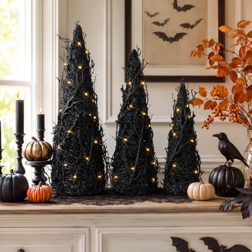 Halloween Tinsel Cone Trees with LED Lights Set of 3 - Black Autumn Decor