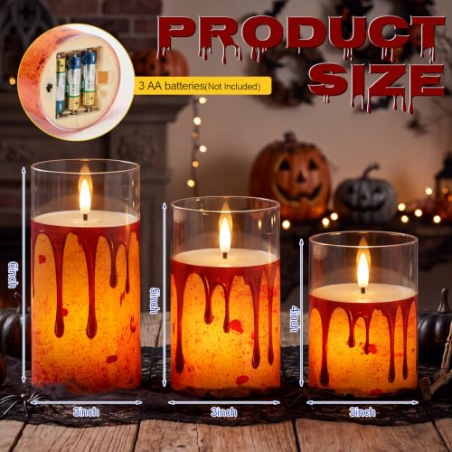 Halloween Flameless Blood Dripping Candles Set of 3 - 4in, 5in, 6in Red Flickering LED Decor