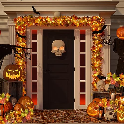 6 Pack Fall Garland with Lights - 5.9Ft Artificial Autumn Leaves Decor with LED String for Indoor Outdoor Halloween Thanksgiving