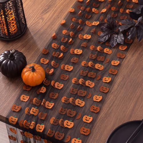Halloween Pumpkin Table Runner Set - Black Tulle with Jack-o-Lanterns, 4 Pieces, 29x70 Inches - Pumpkin Variation